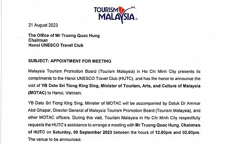 Bộ trưởng du lịch Malaysia sẽ gặp chủ tịch CLB Lữ hành Unesco Hà Nội