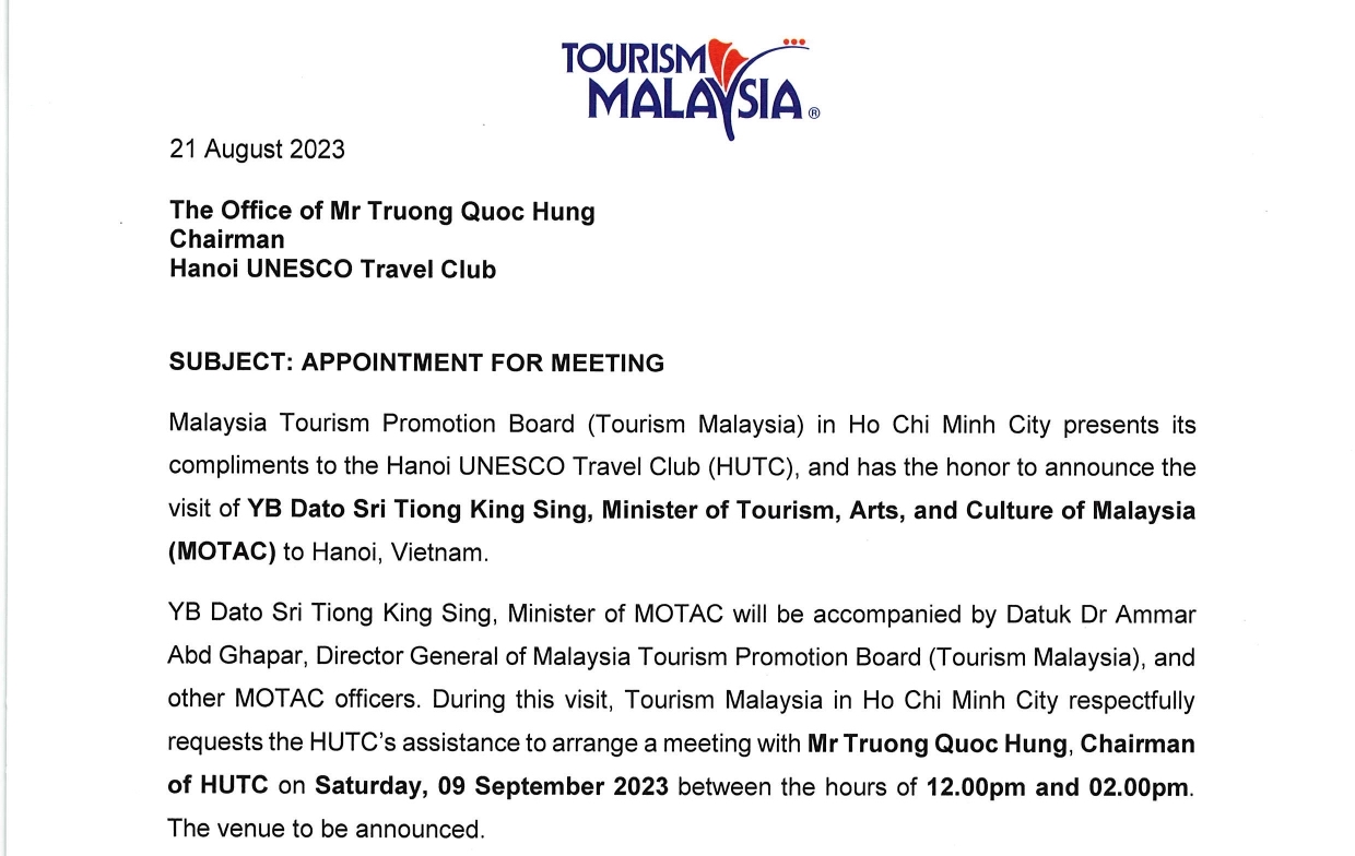 Bộ trưởng du lịch Malaysia sẽ gặp chủ tịch CLB Lữ hành Unesco Hà Nội