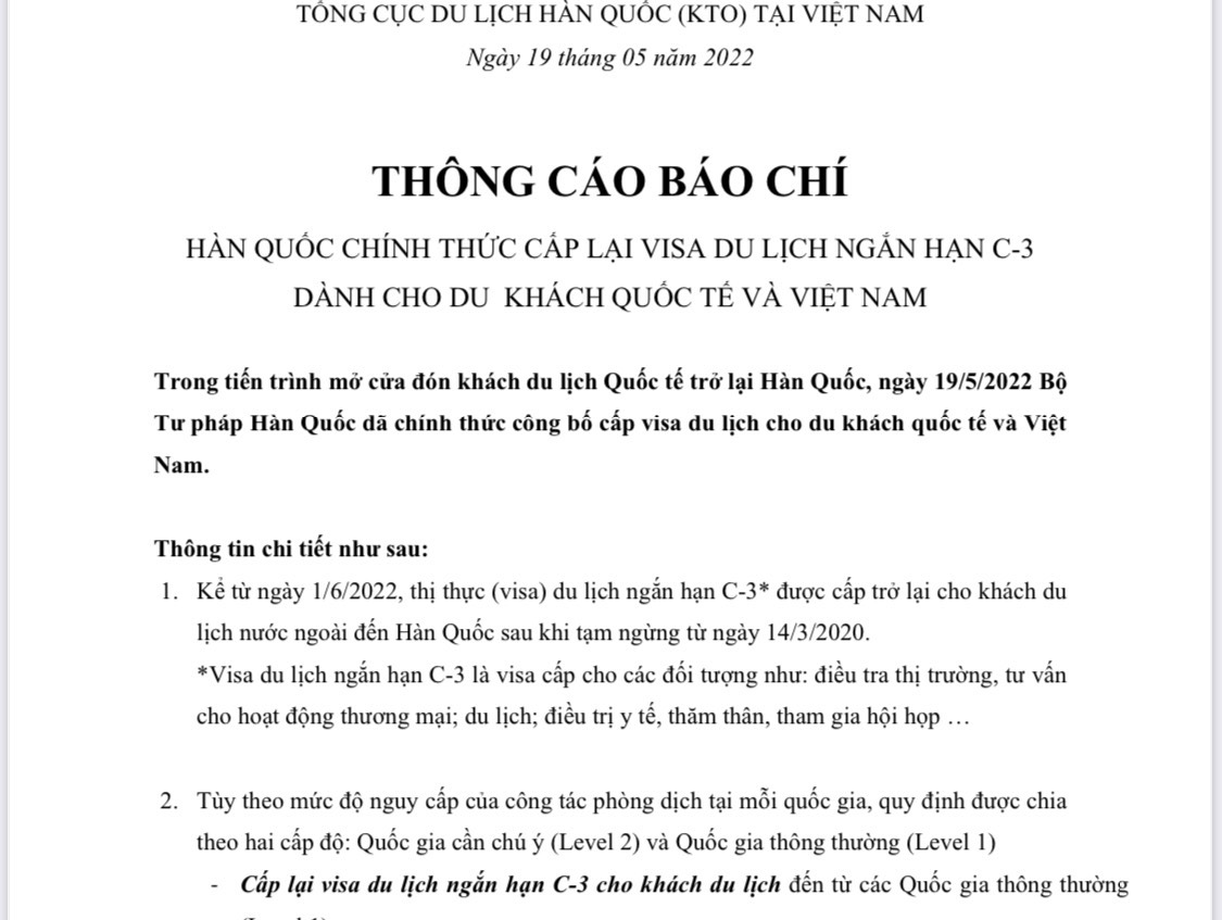 Hàn Quốc cấp lại Visa Du lịch C-3 cho du khách Việt Nam