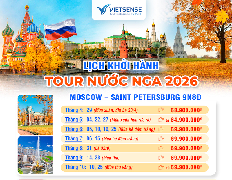 Lịch khởi hành các tour du lịch Nga 2026 Bay Vietnam Airlines