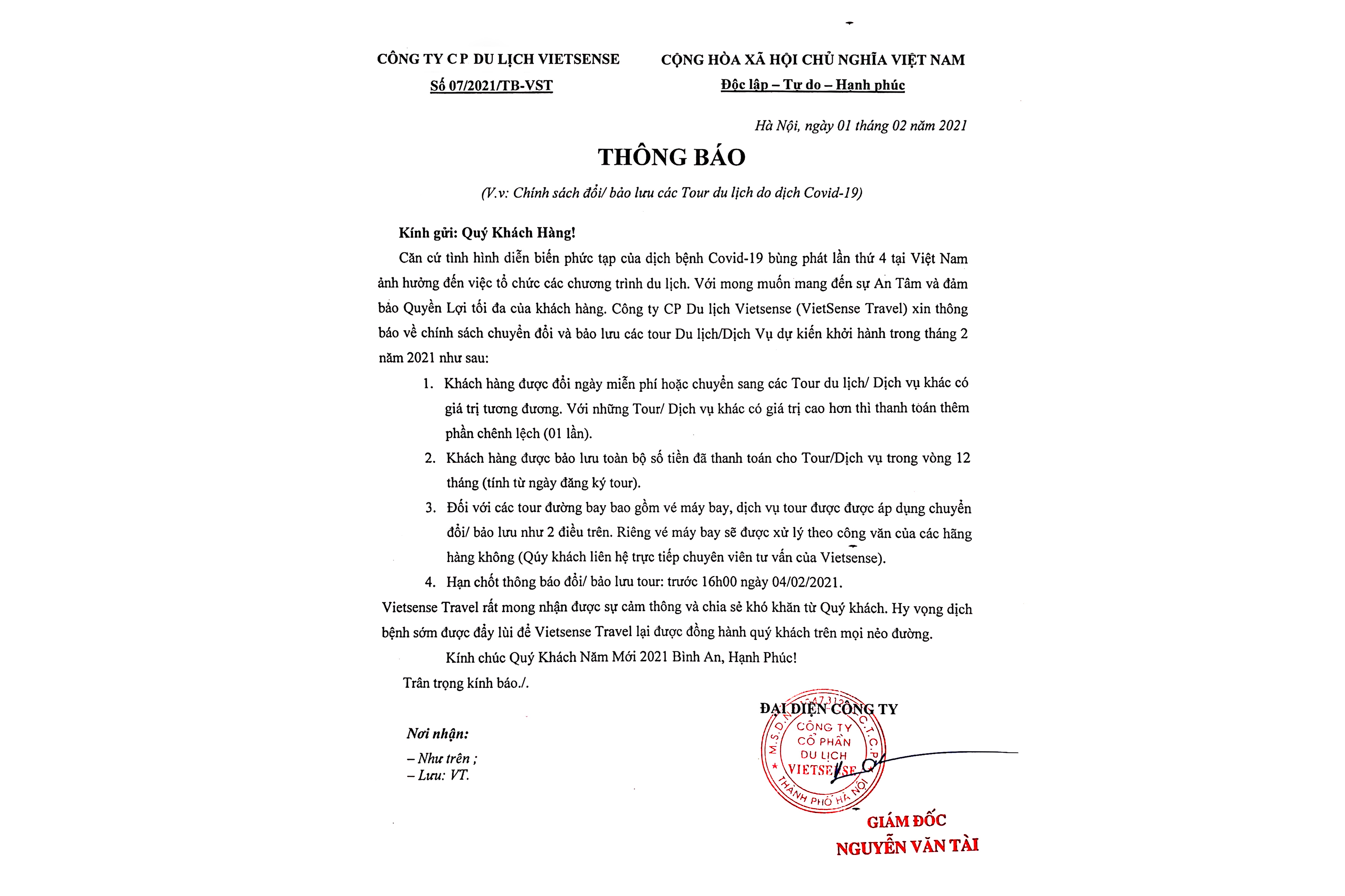 Thông báo về Chính Sách - Bảo Lưu các Tour Du Lịch do Dịch Covid 19