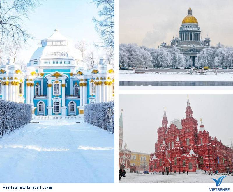 Cảnh tuyết trắng tại Quảng trường Đỏ, cung điện và sông Neva đẹp như miền cổ tích